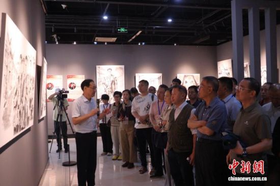 图为观众参观《苍穹之剑——纪念无名英雄蔡威百幅画卷》展览。中新网记者 叶茂 摄